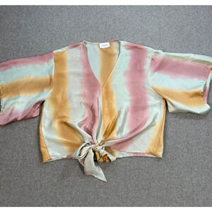 Adrienne Knotted Blouse Women's Medium Butterfly Sleeve V-Neck Satin Gold Blue